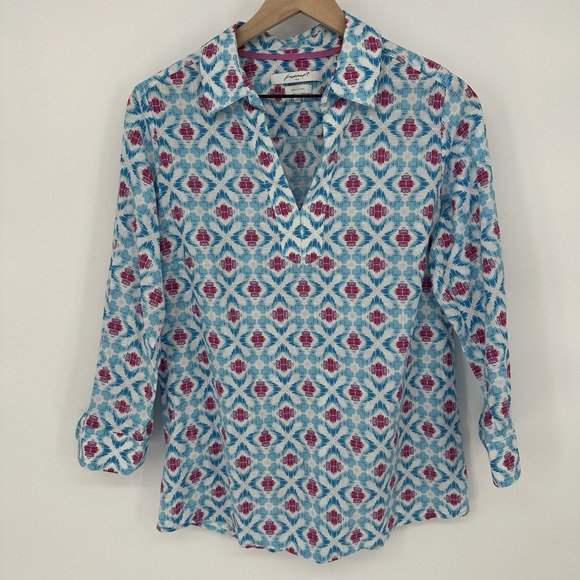 Foxcroft Tops - Foxcroft Sz 8 Blue Pink Ikat Blouse Wrinkle Free V Neck Tunic Top 3/4 Tulip Cuff